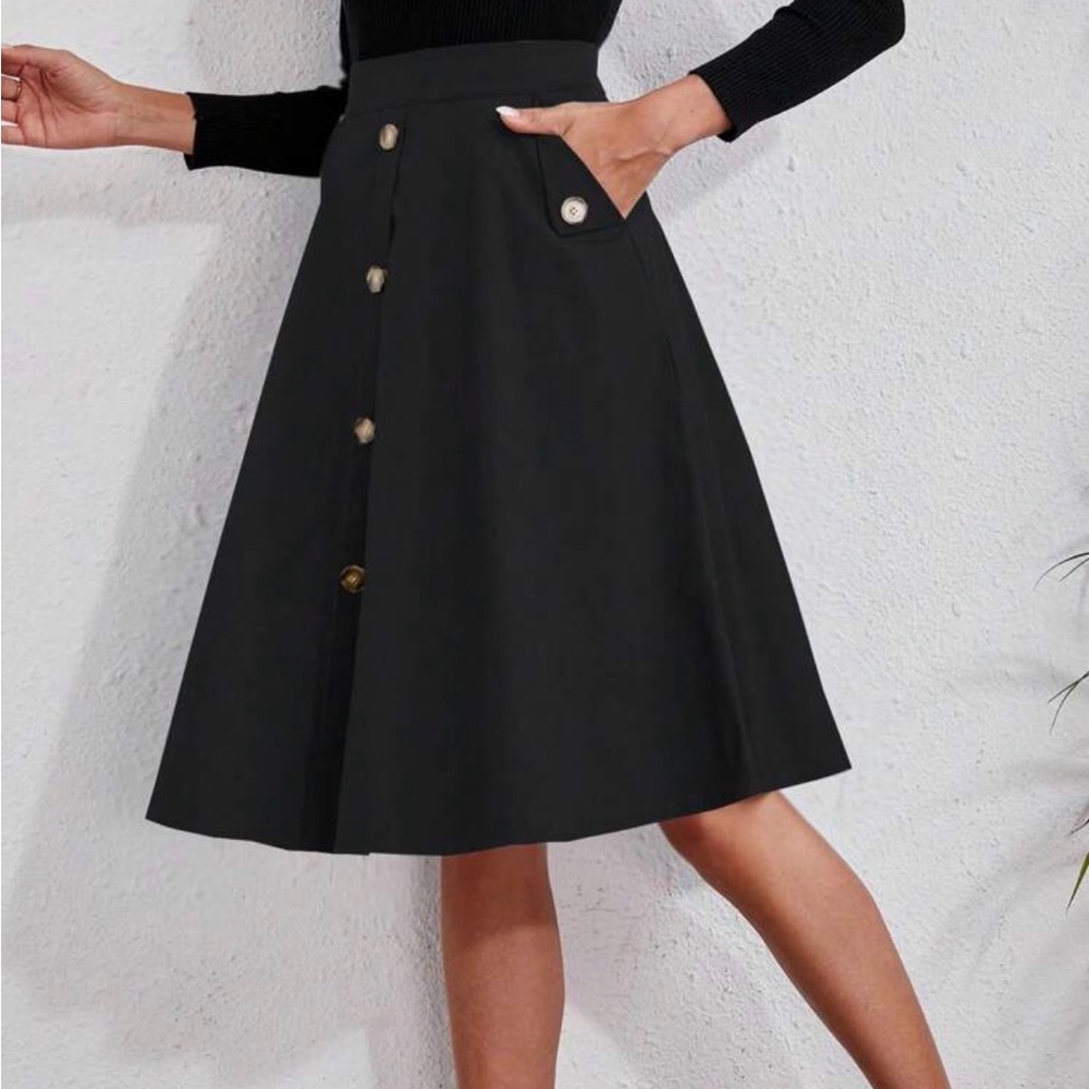 Classic Black Button Detail Pocket Midi Skirt Work office - Picture 10 of 10